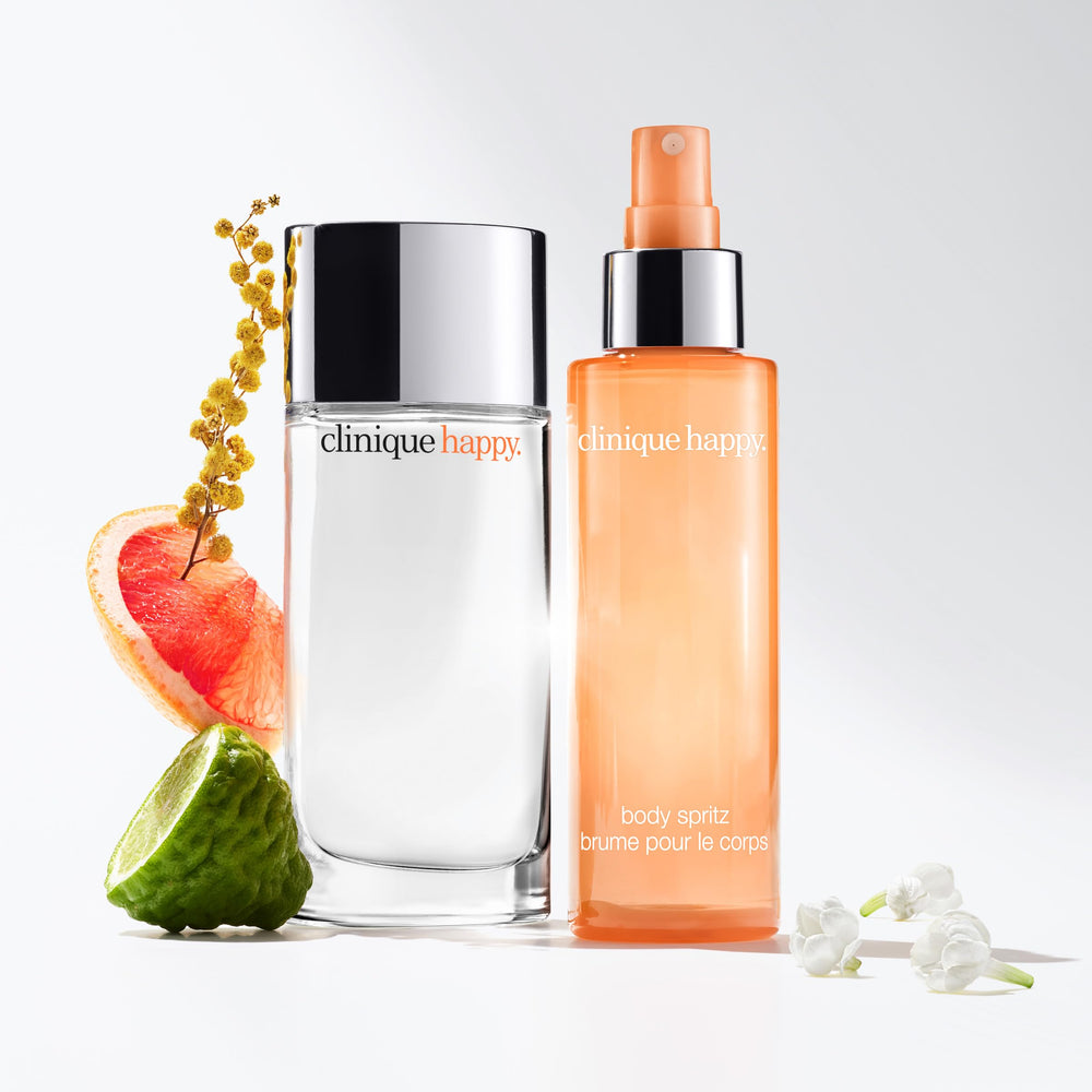 Clinique Happy Body Spritz mist application shown for a quick refresh