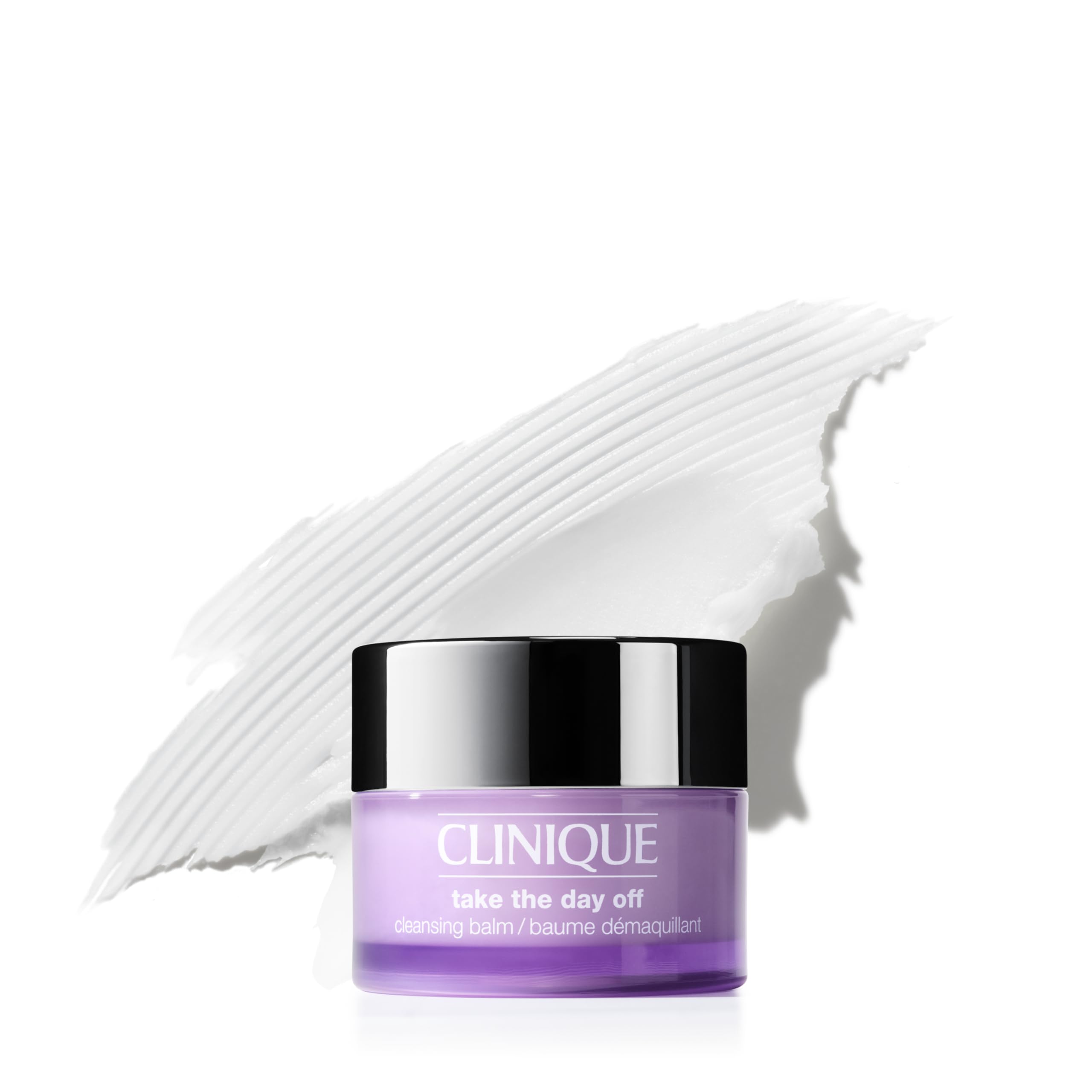 Clinique Take The Day Off cleansing balm bottle demonstrates easy makeup removal for all skin types.