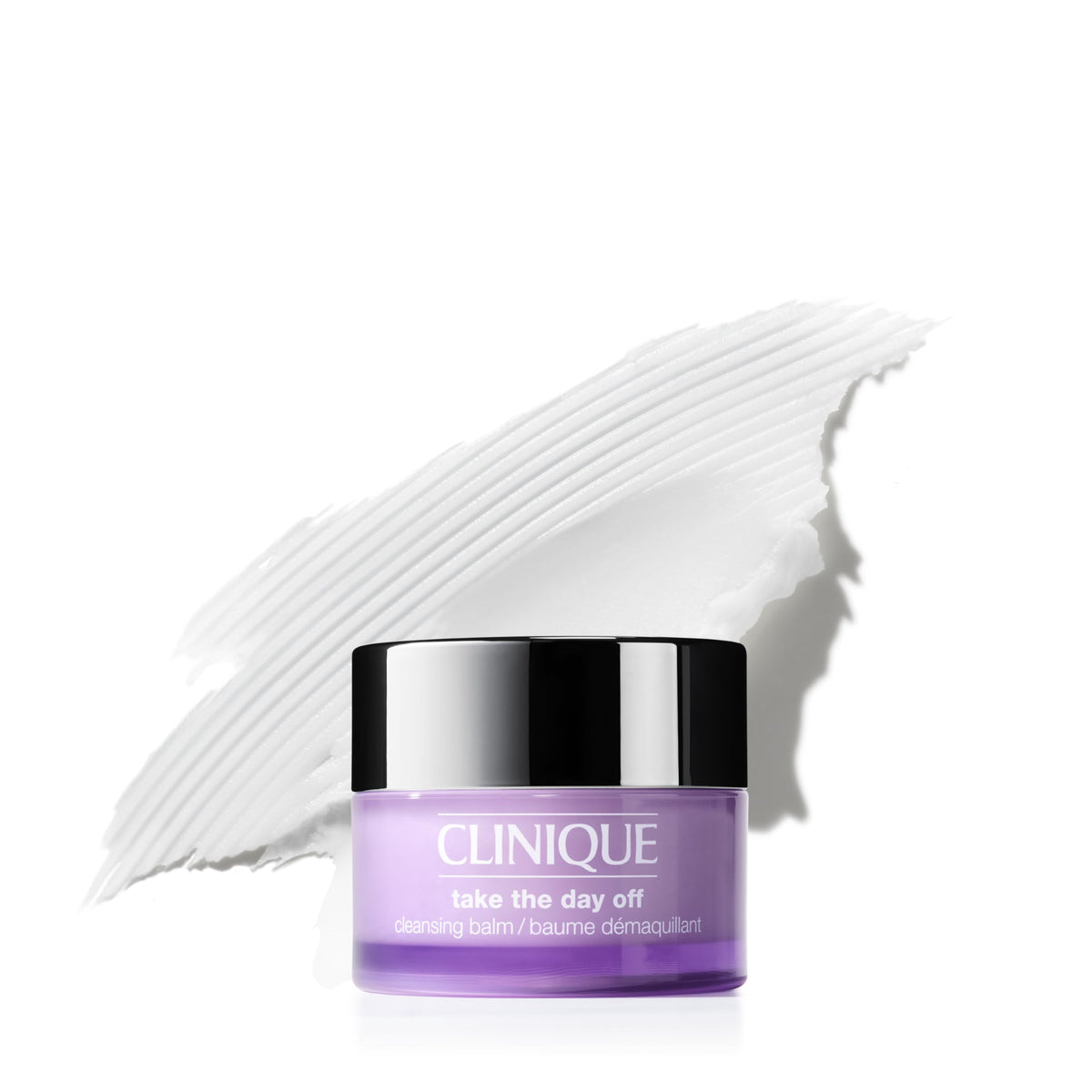 Clinique Take The Day Off cleansing balm bottle demonstrates easy makeup removal for all skin types.