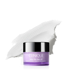 Clinique Take The Day Off cleansing balm bottle demonstrates easy makeup removal for all skin types.