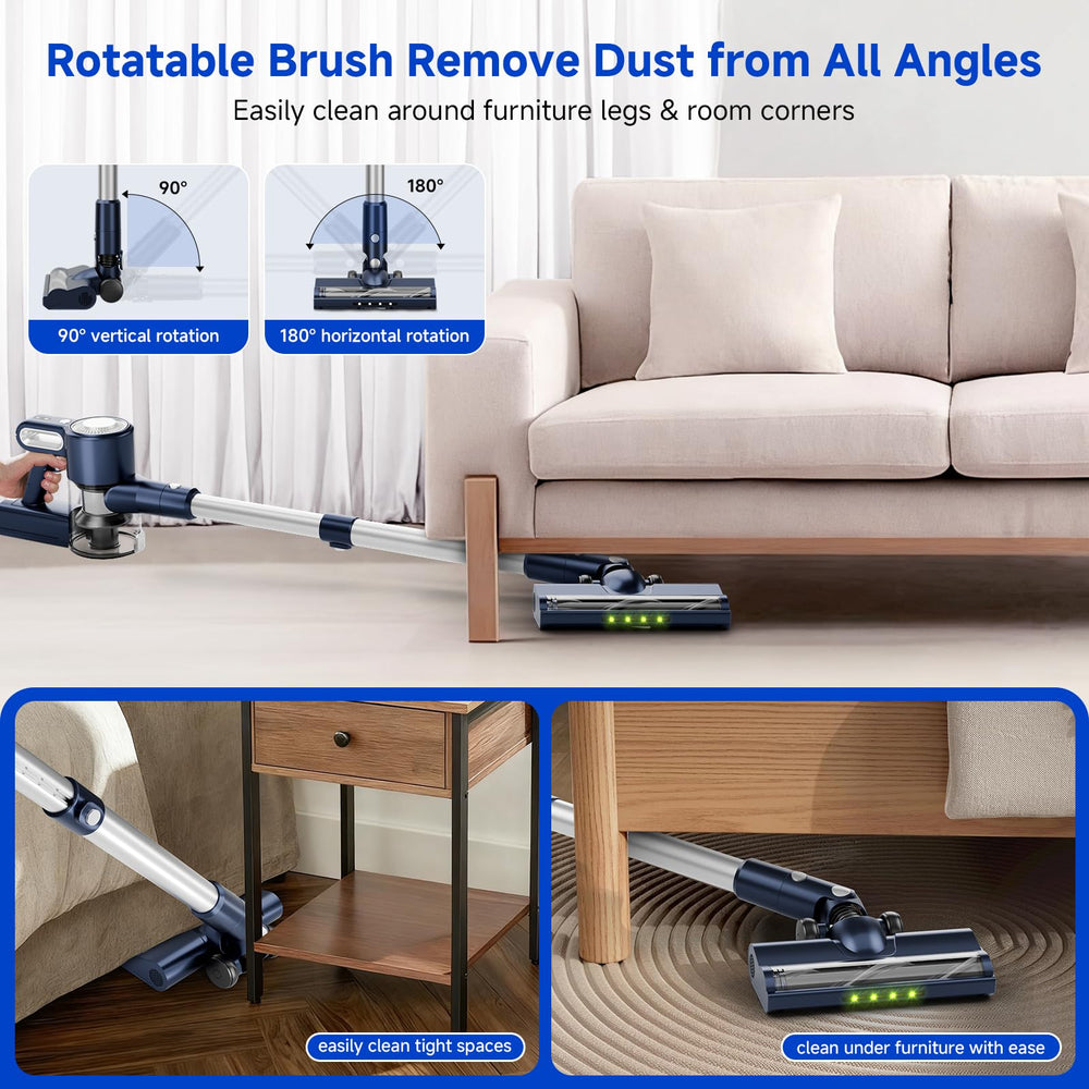 Clinkal vacuum demonstrates 90-degree vertical and 180-degree horizontal reach.