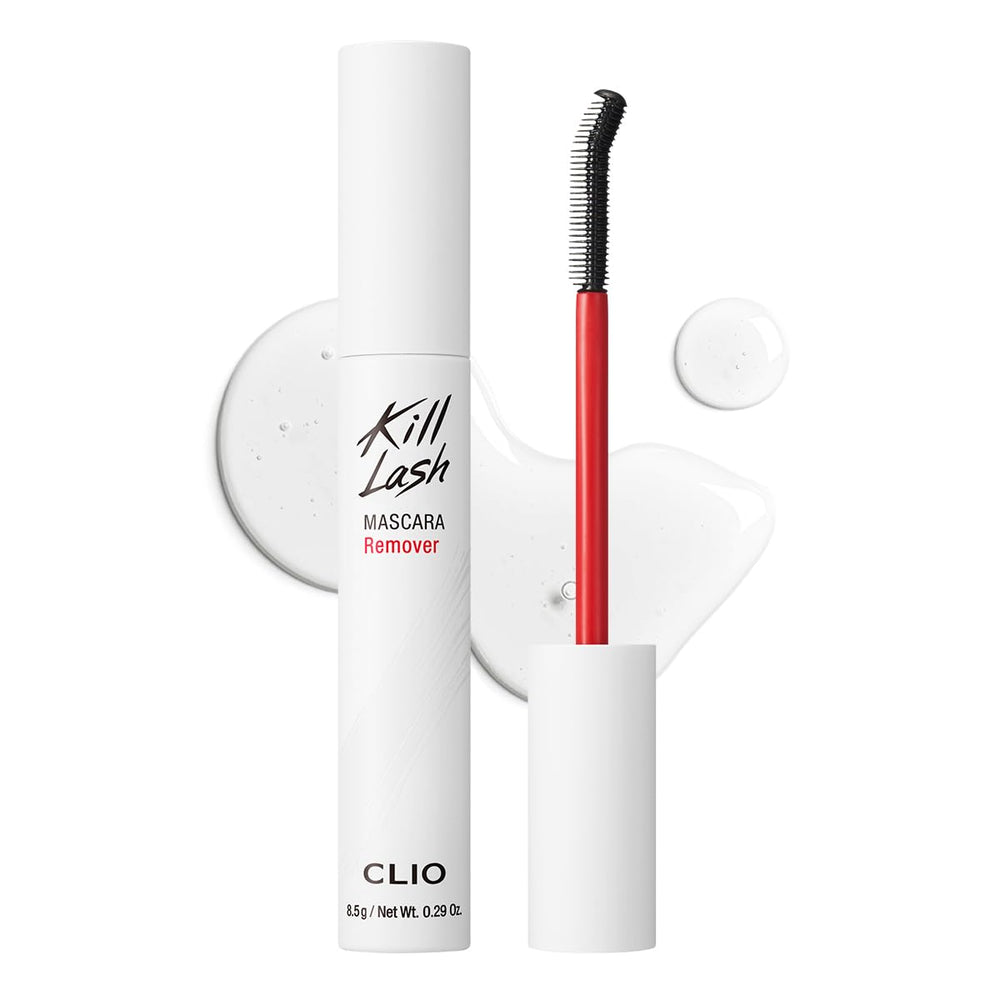 CLIO Kill Lash Mascara Remover bottle shows silky oil formula for gentle waterproof mascara removal