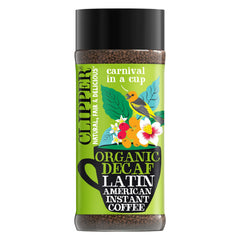 Clipper Coffee decaf instant in a reusable jar for eco-friendly storage.