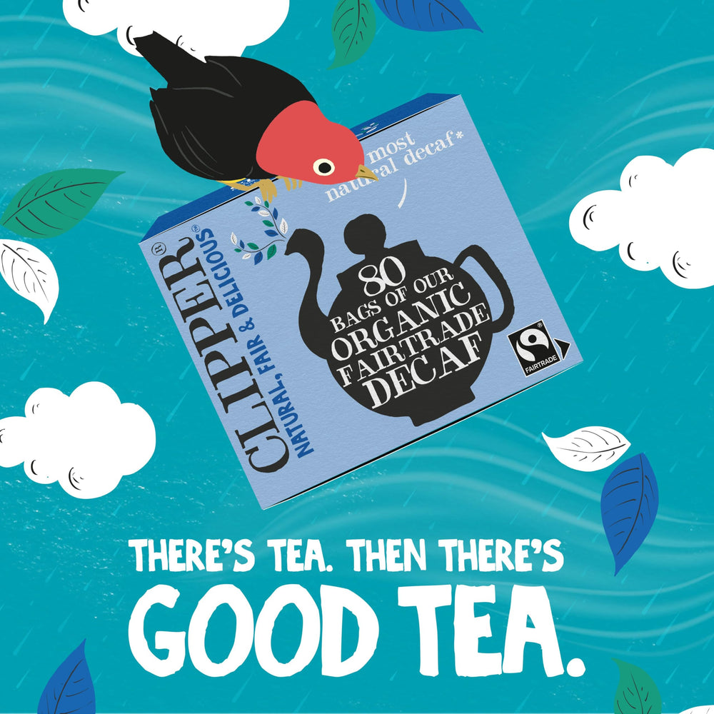 Clipper Tea packaging highlights unbleached teabags and eco-friendly materials.