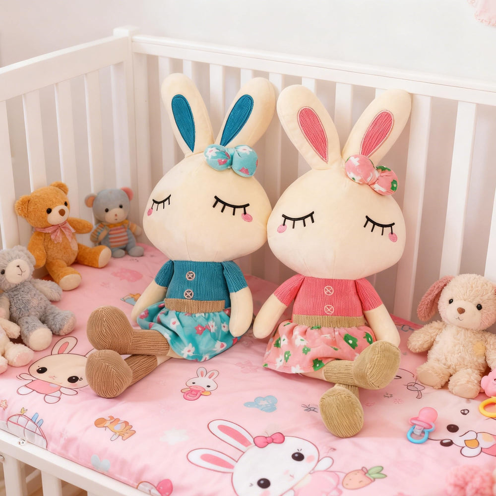 Cllayees set of 2 plush bunnies pink blue packaging.
