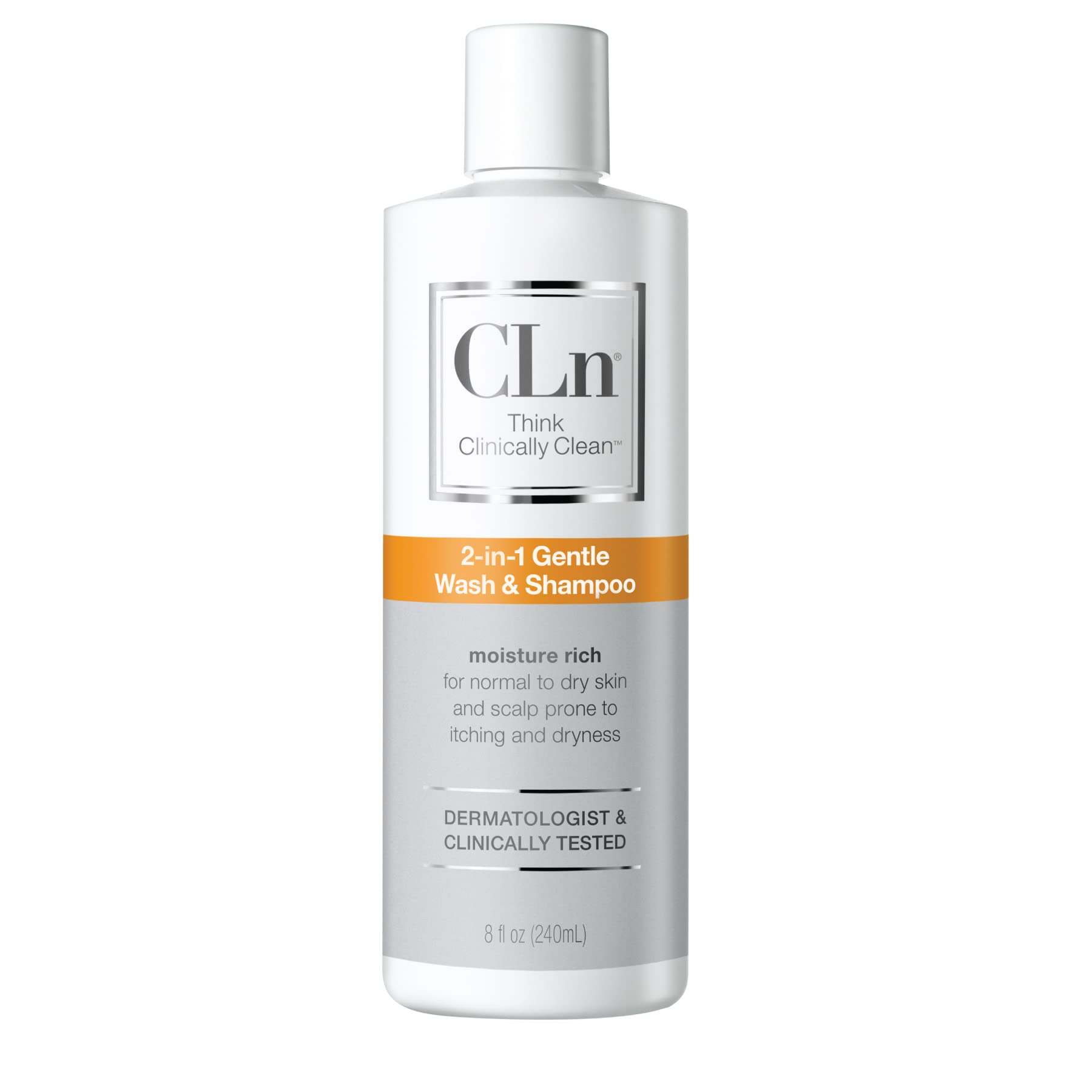 CLn 2-in-1 bottle pour demonstrates fragrance-free cleansing for sensitive skin.