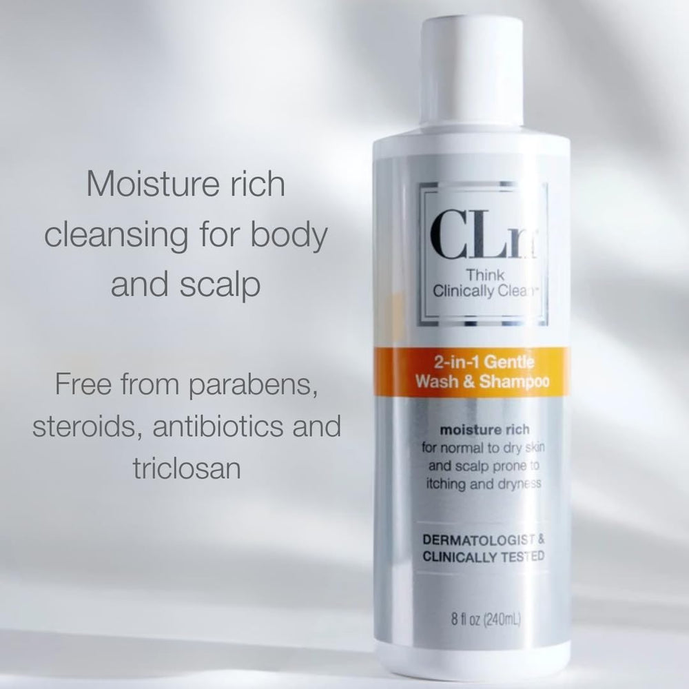 Hands applying CLn 2-in-1 for gentle body and scalp cleansing.