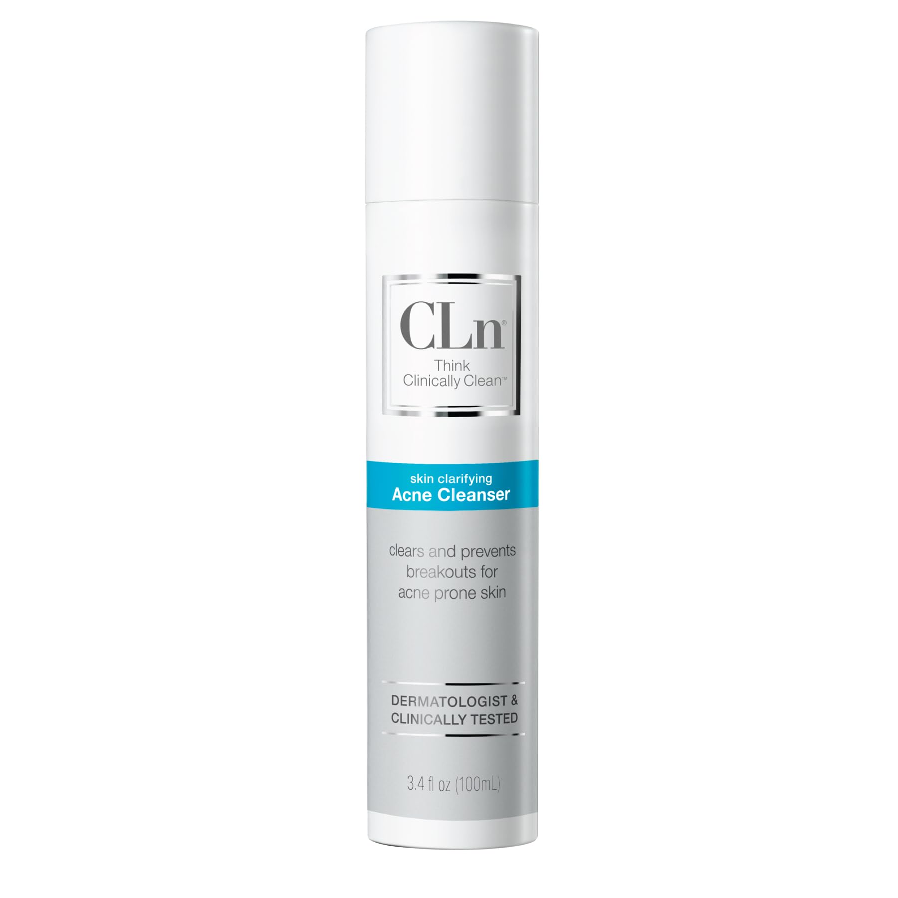 CLn Acne Cleanser bottle displays 3.4 oz size for daily cleansing