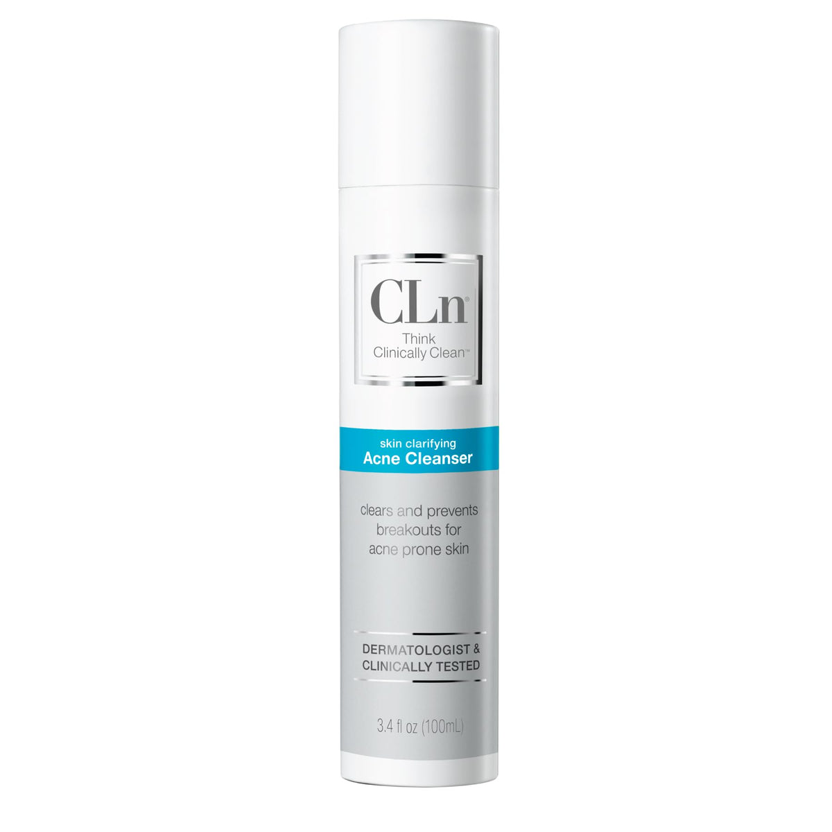 CLn Acne Cleanser bottle displays 3.4 oz size for daily cleansing