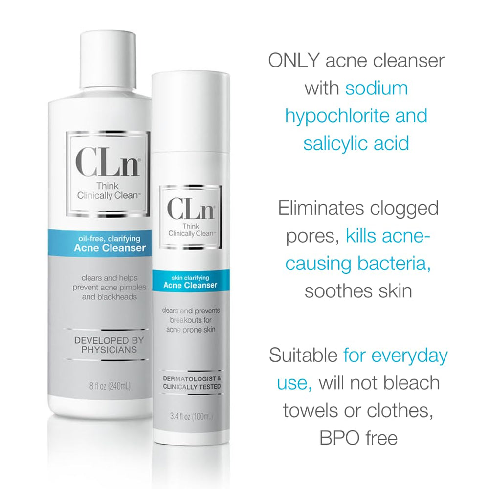 CLn Acne Cleanser packaging highlights fragrance-free hypoallergenic formula