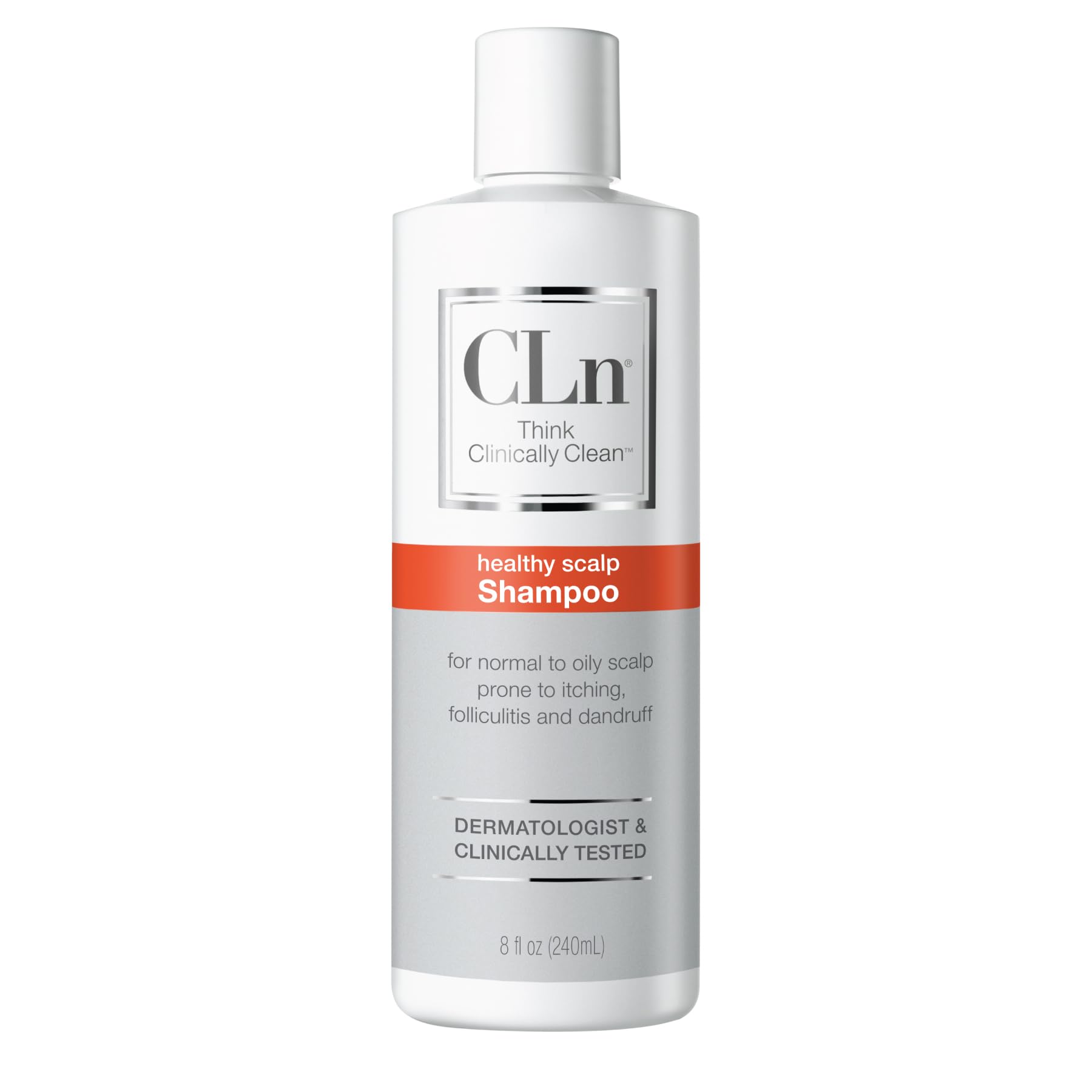 CLn Shampoo bottle pour showing fragrance-free clarifying action for oily scalps
