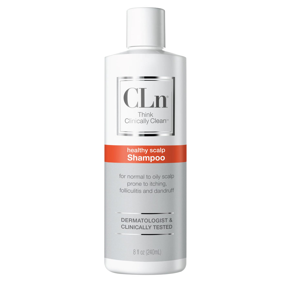 CLn Shampoo bottle pour showing fragrance-free clarifying action for oily scalps