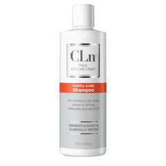 CLn Shampoo bottle pour showing fragrance-free clarifying action for oily scalps