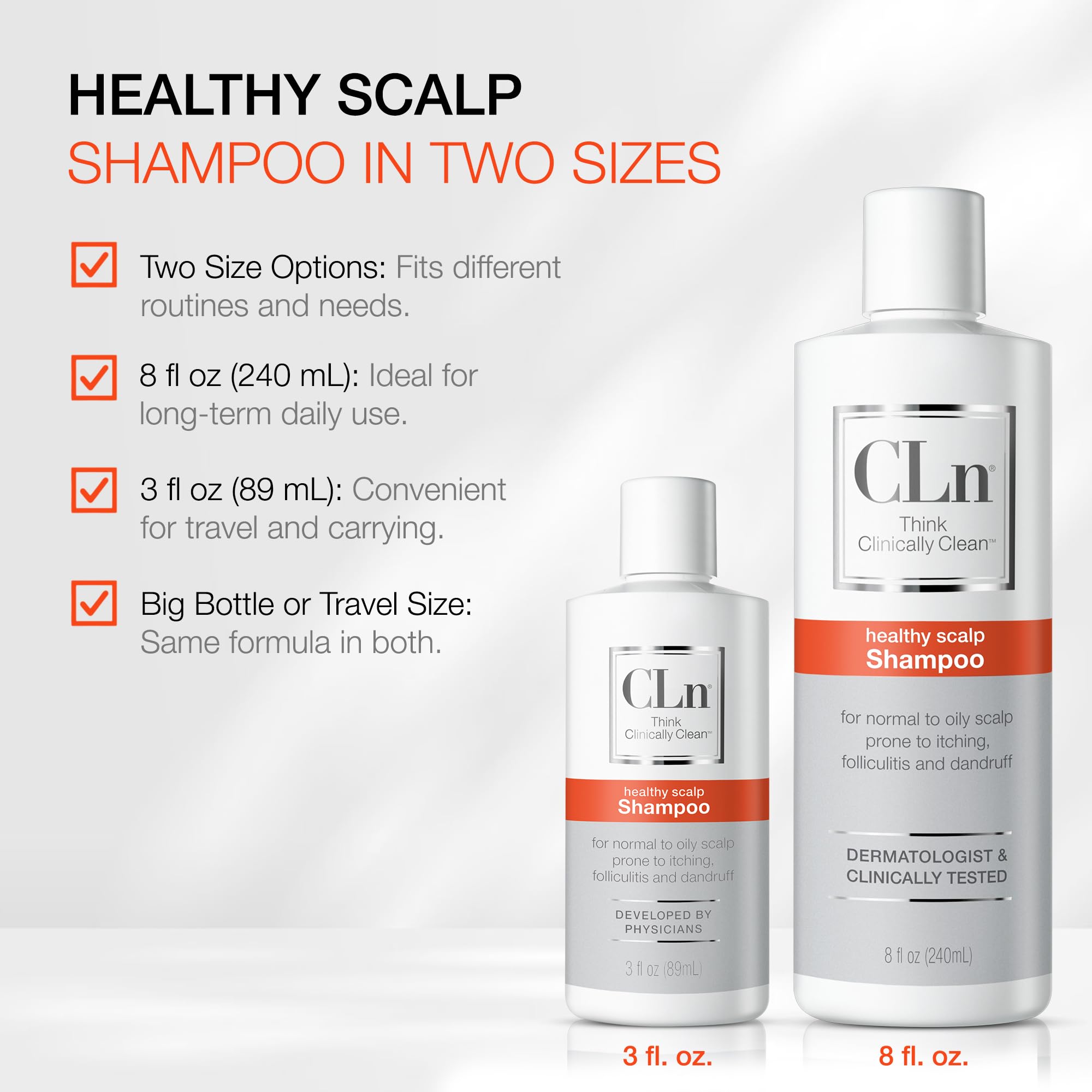 CLn Shampoo front view with 8 oz bottle ready for routine cleansing
