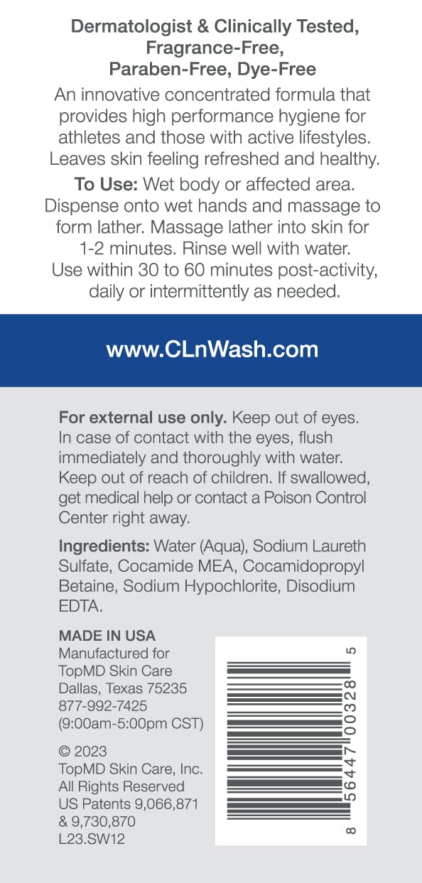 CLn SportWash bottle back label showing fragrance free and paraben free attributes