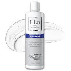 CLn SportWash bottle front highlighting fragrance free formula for athletes