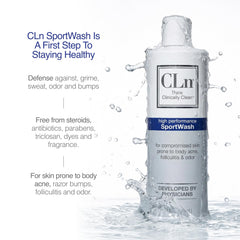 Shower scene with CLn SportWash for post workout cleansing