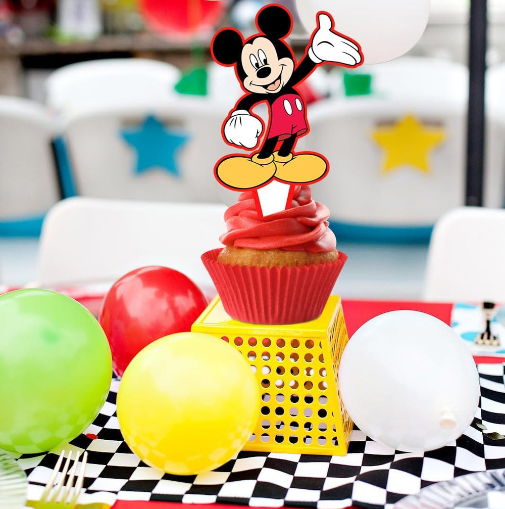 Cloira mouse toppers on Mickey cupcakes create a kid friendly party vibe.
