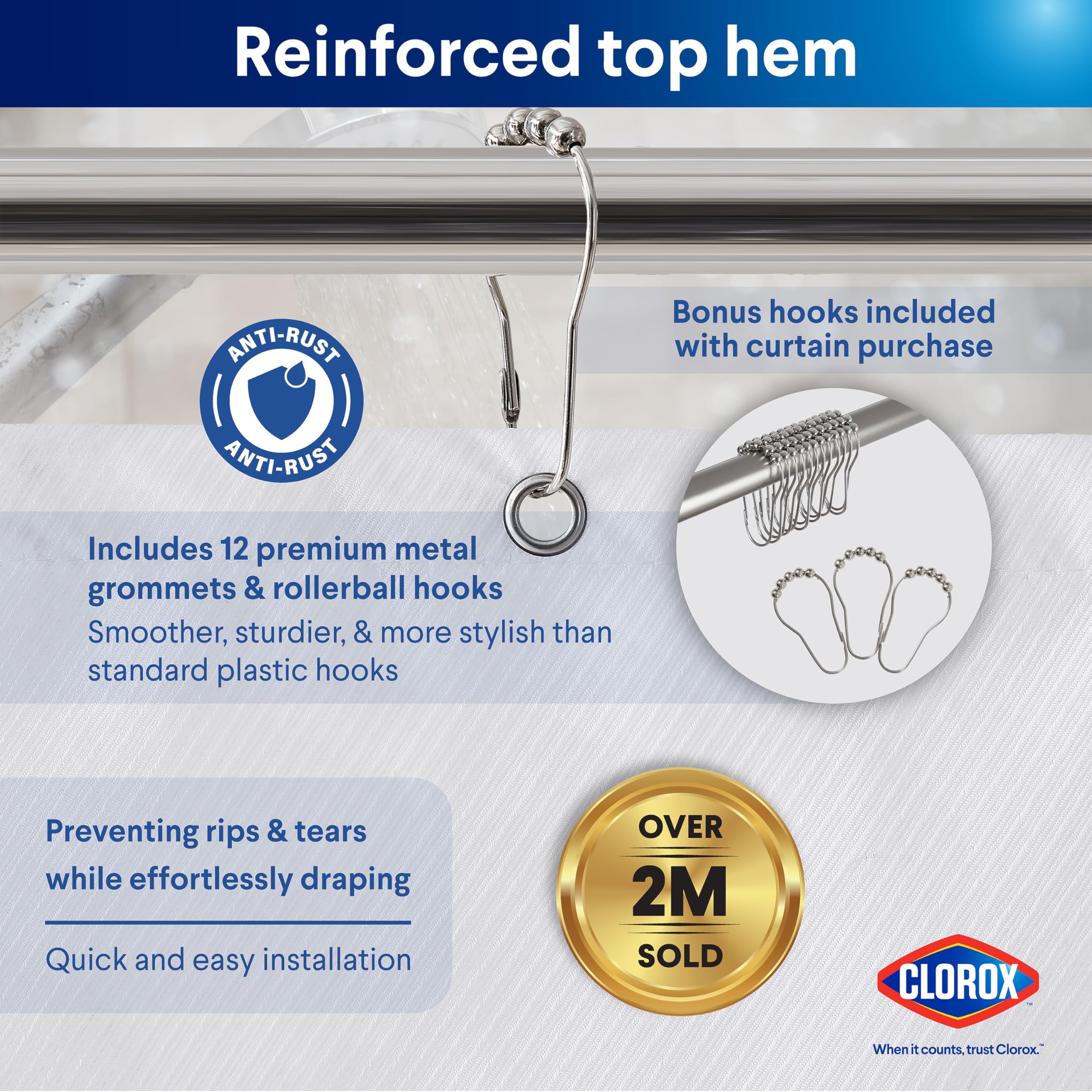 Clorox 2-in-1 curtain measures 72x72 inches for standard tubs