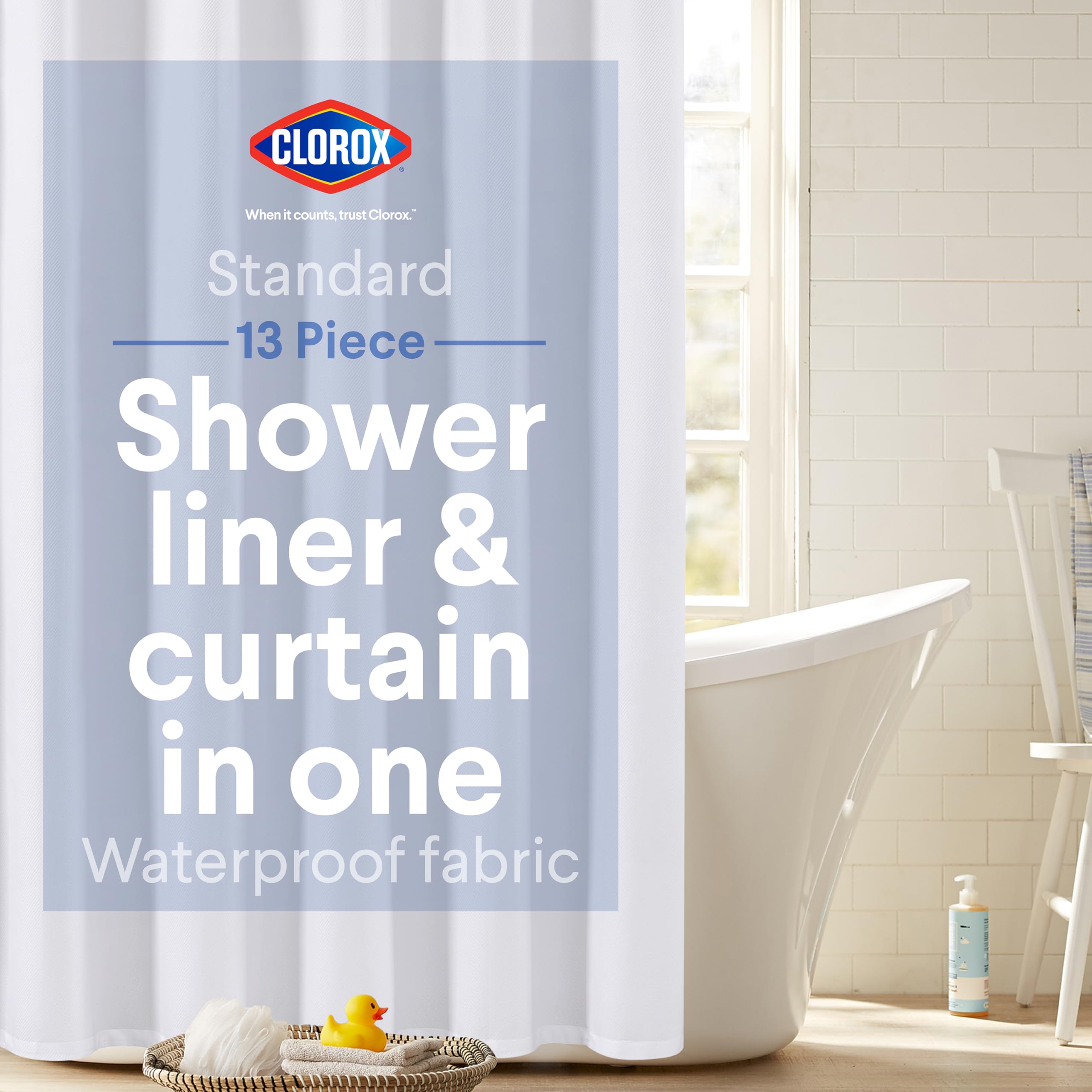 Clorox 2-in-1 curtain with magnetic hem for secure fit and splash control