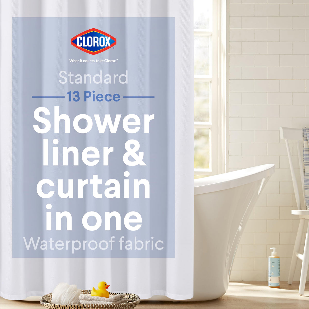 Clorox 2-in-1 curtain with magnetic hem for secure fit and splash control