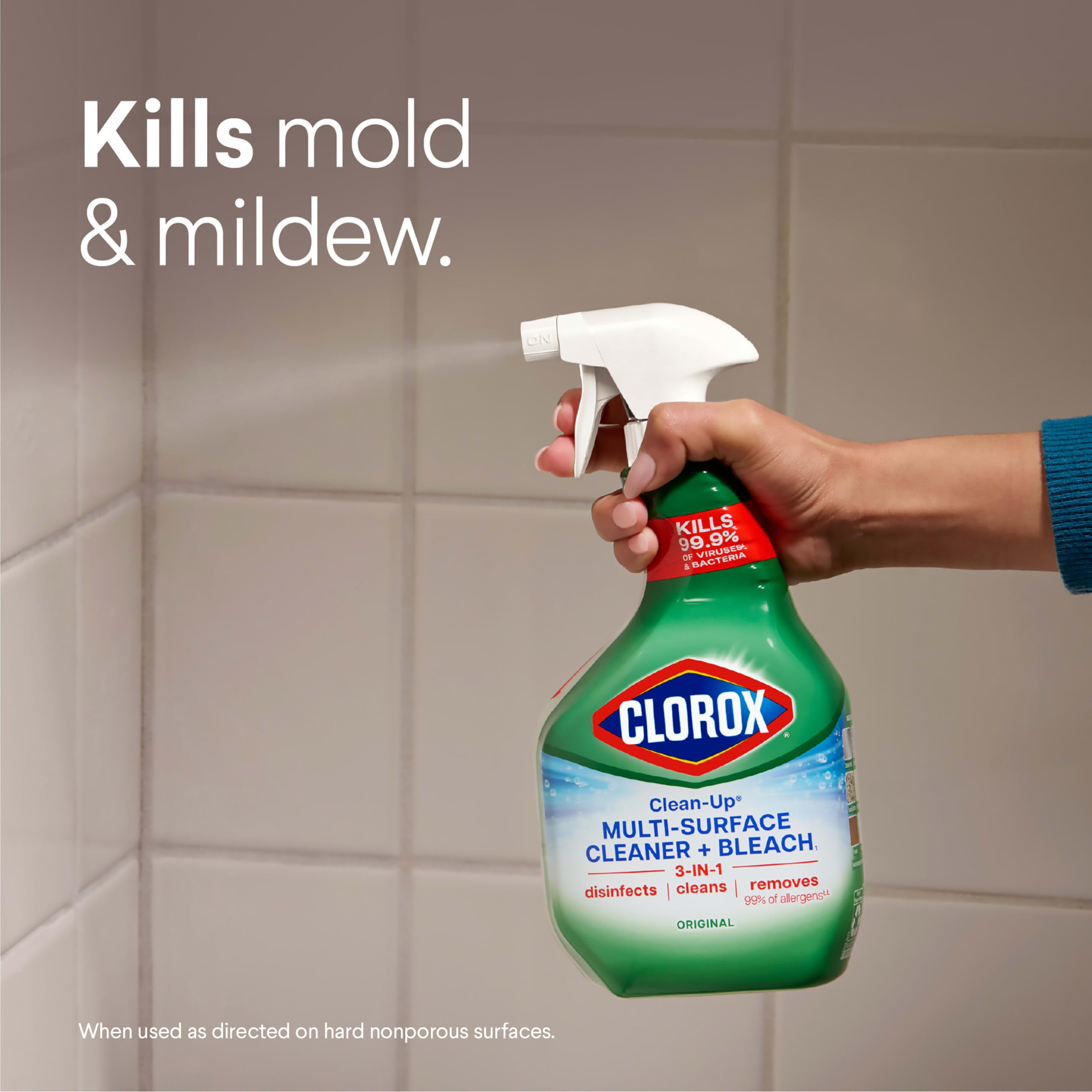 Clorox Clean-Up spray-action demonstrating broad cleaning power on contact.