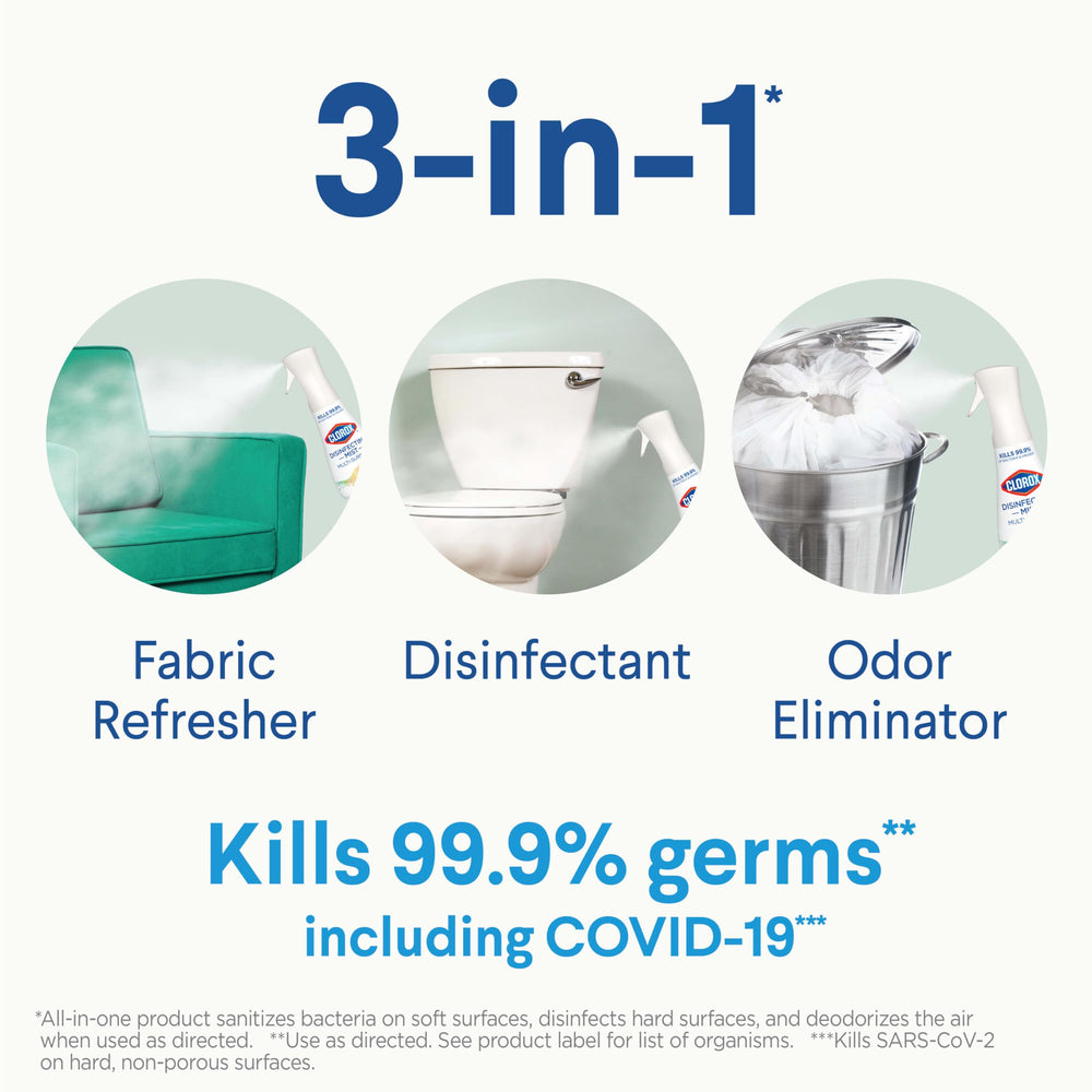 Clorox Disinfecting Mist spray delivers a fine, even mist for coverage