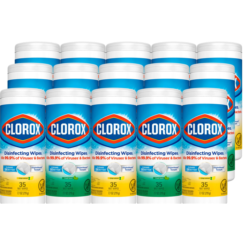Clorox disinfecting wipe canister in lemon scent for quick surface cleaning.