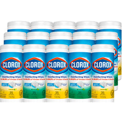Clorox disinfecting wipe canister in lemon scent for quick surface cleaning.