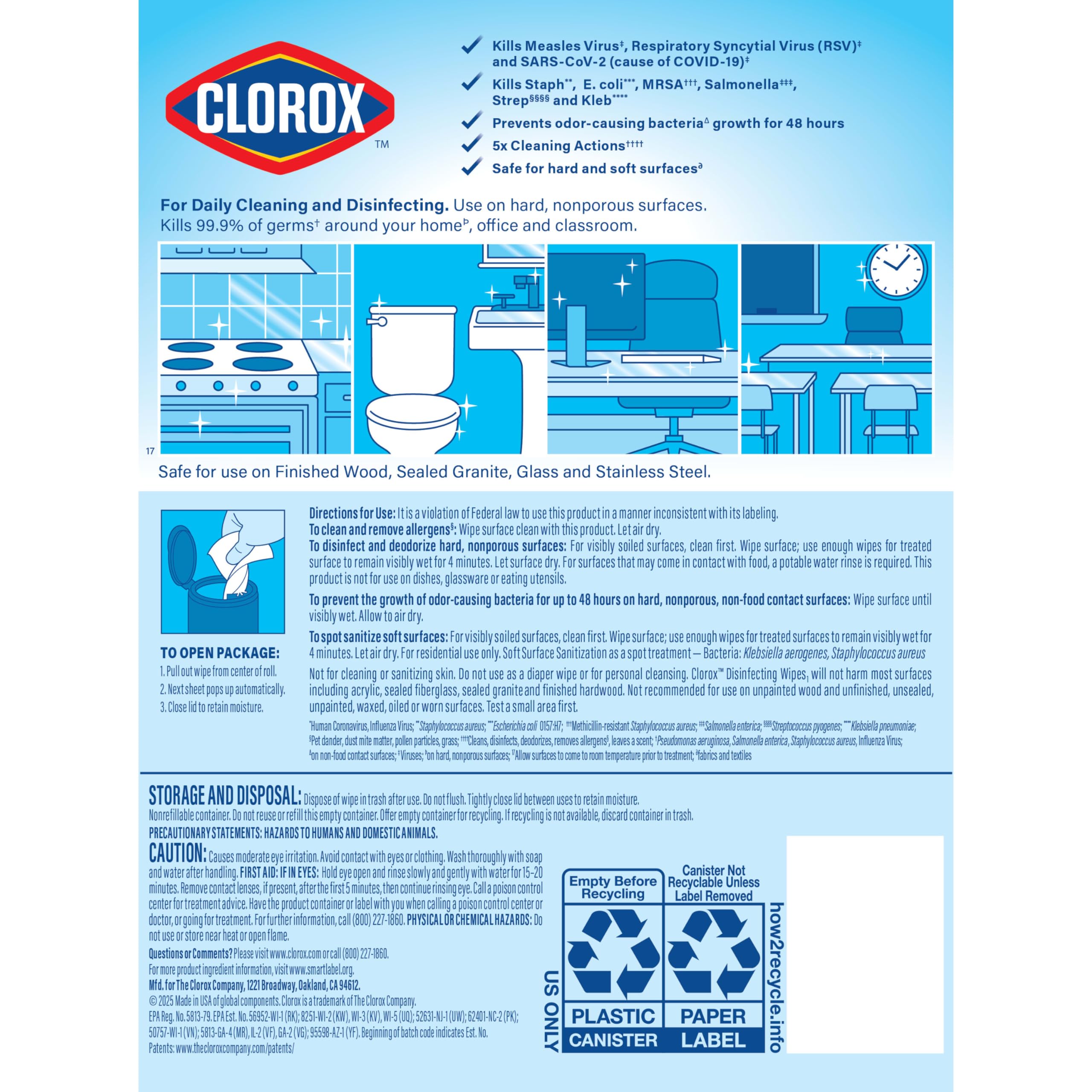 Clorox Disinfecting Wipes bleach-free formula safe on diverse surfaces.