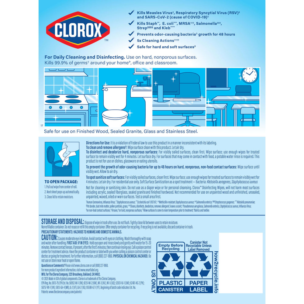 Clorox Disinfecting Wipes bleach-free formula safe on diverse surfaces.