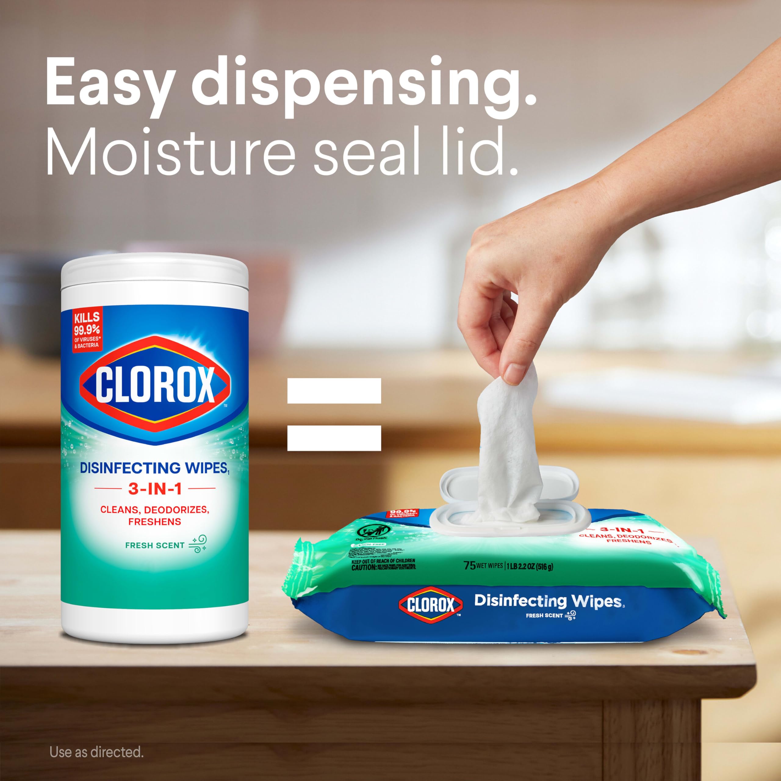 Clorox Disinfecting Wipes on a kitchen counter removing spills.
