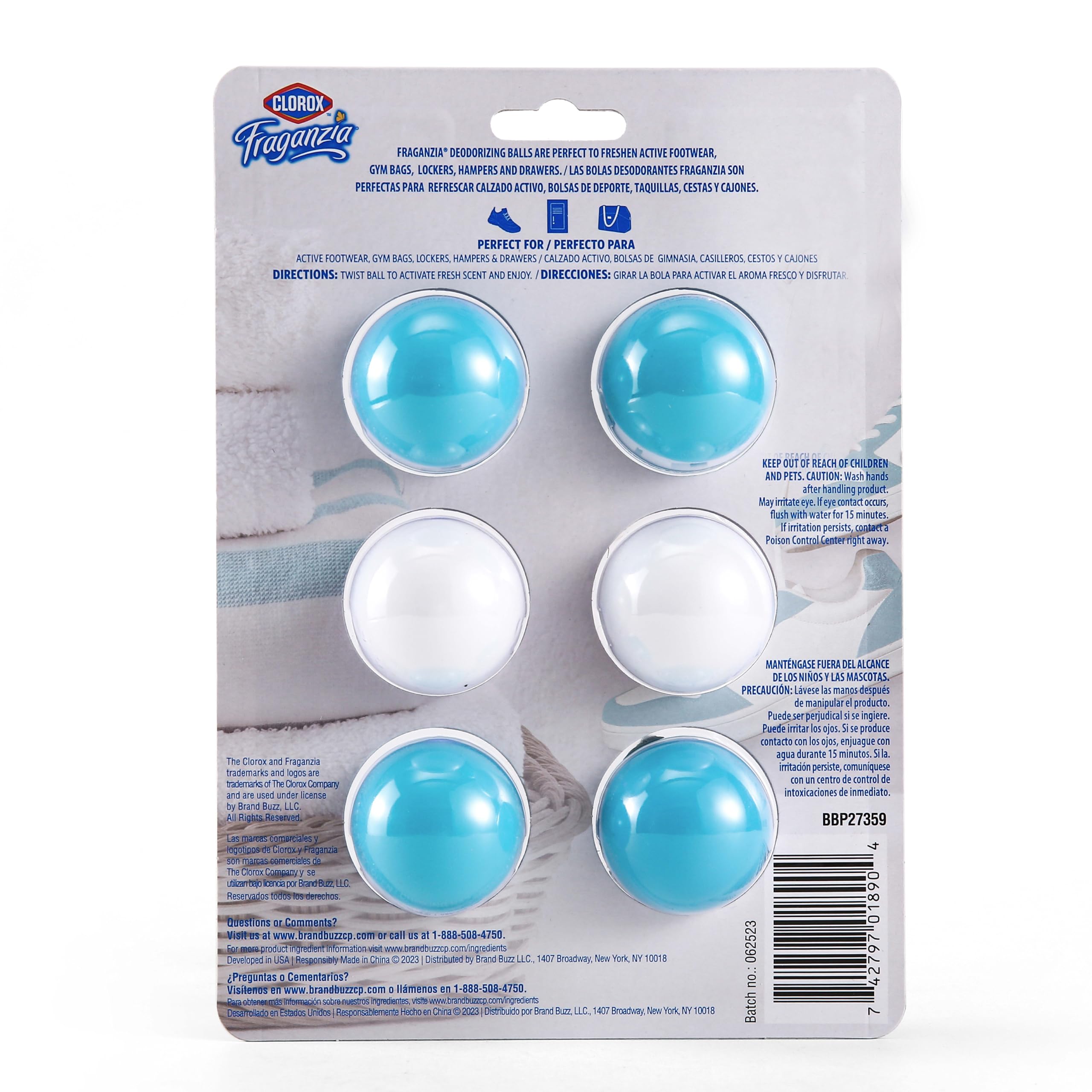 Clorox Fraganzia balls in hamper deliver light, clean fragrance.