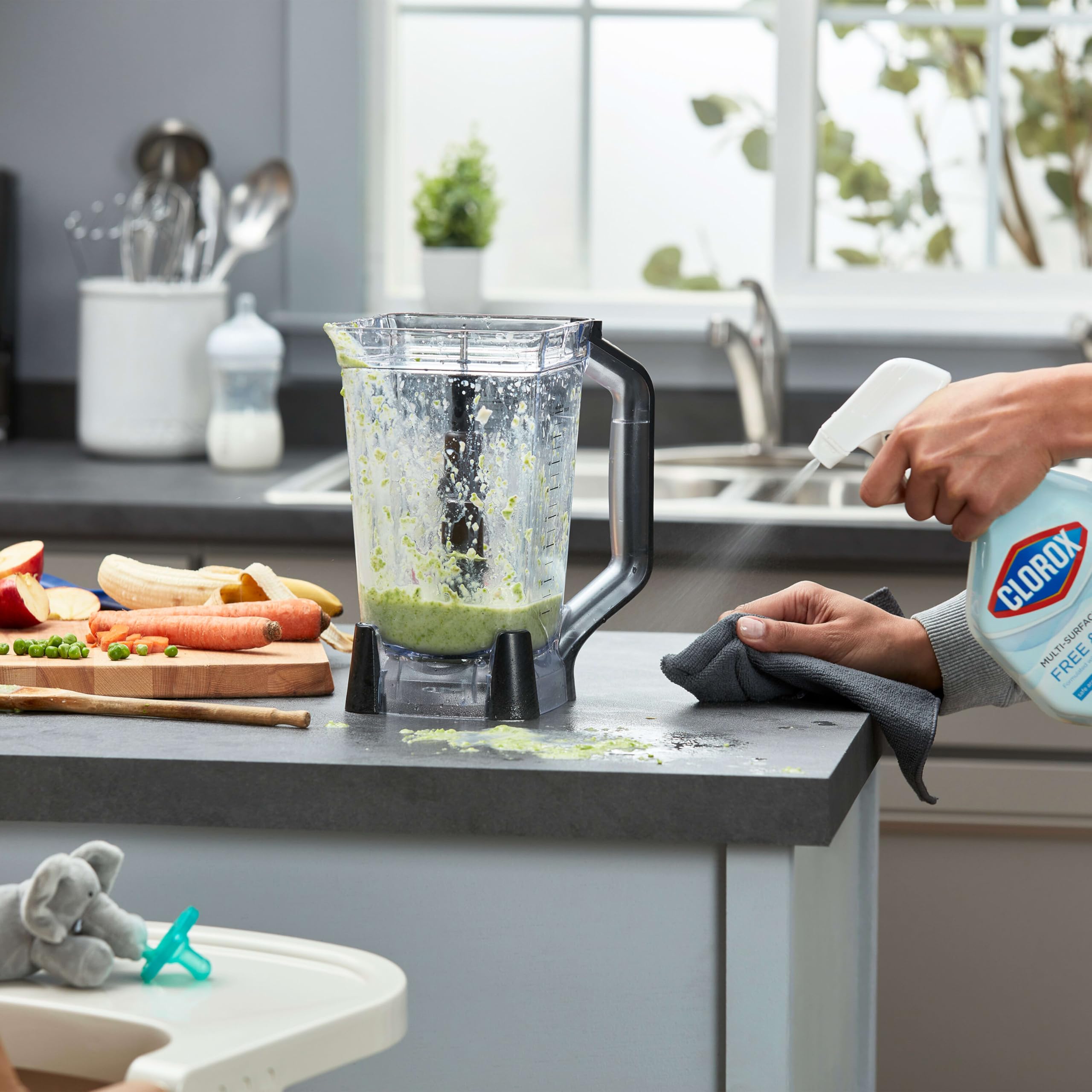 Clorox Free & Clear cleans kitchen countertops and tables to a shine.