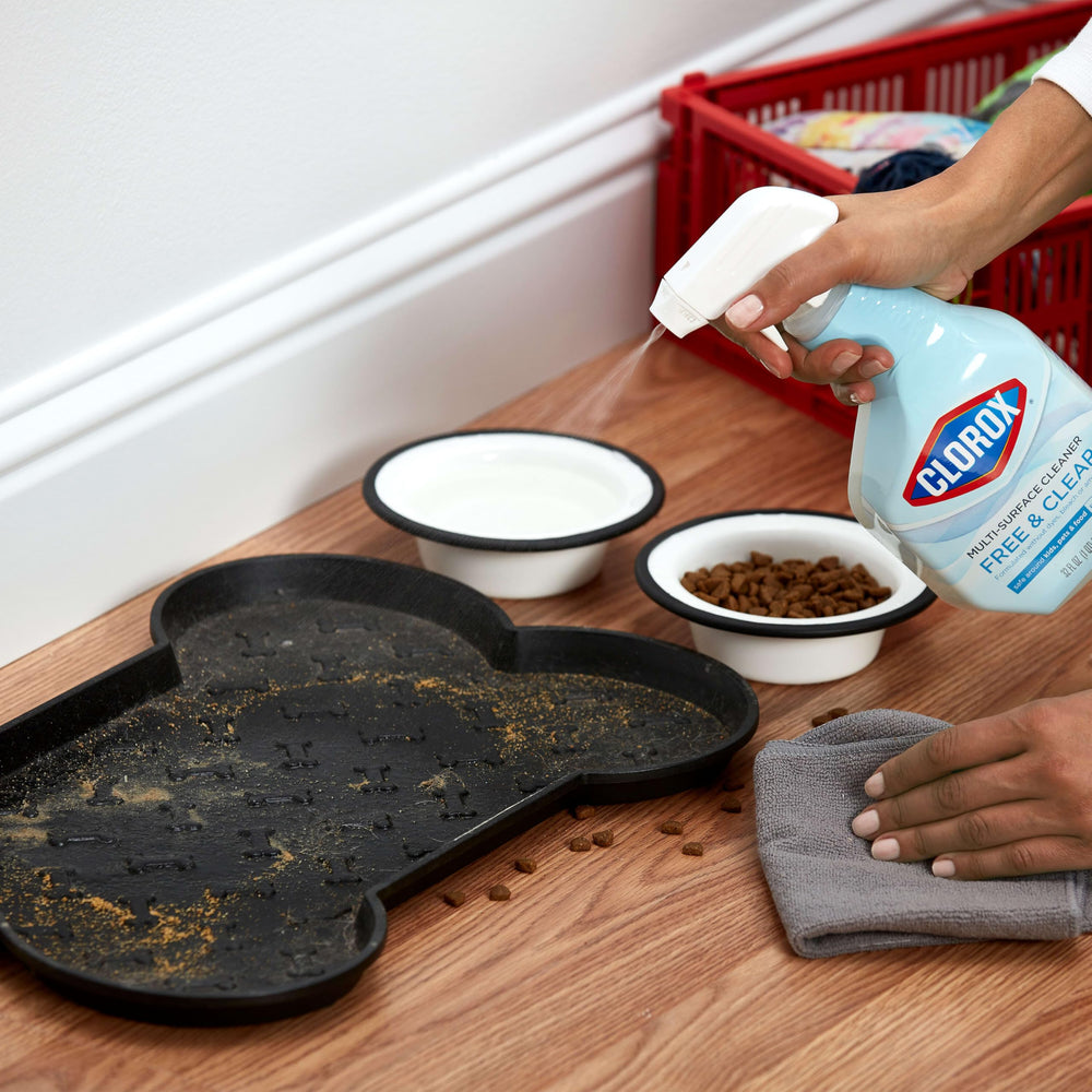 Clorox Free & Clear is safe to wipe pet bowls and crates.