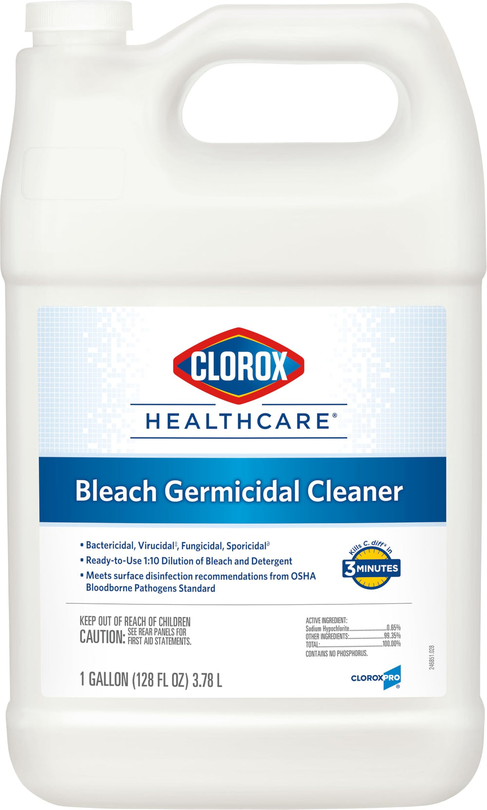 Clorox Healthcare Bleach Germicidal Cleaner refill bottle ready for hospital restocking and disinfection.