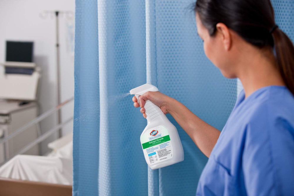 Clorox Healthcare Hydrogen Peroxide in hospital setting suggesting rapid microbial reduction.