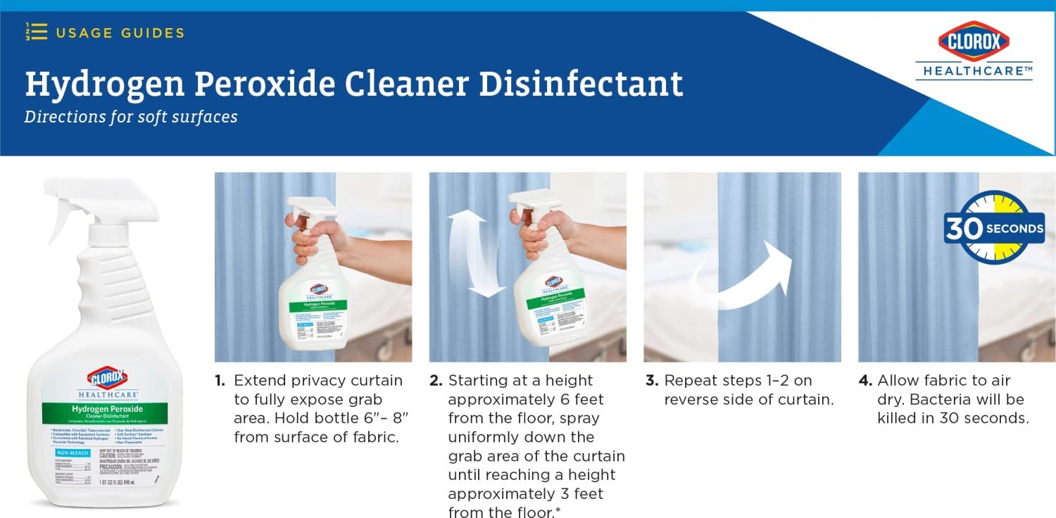 Soft surface sanitizing action on curtains or fabrics with minimal residue.