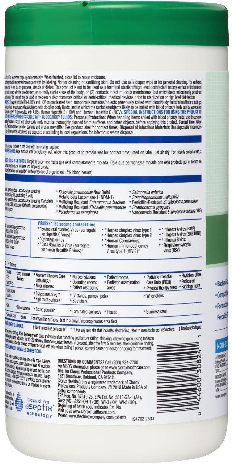 Clorox Healthcare Hydrogen Peroxide Wipes back-pack highlights label details