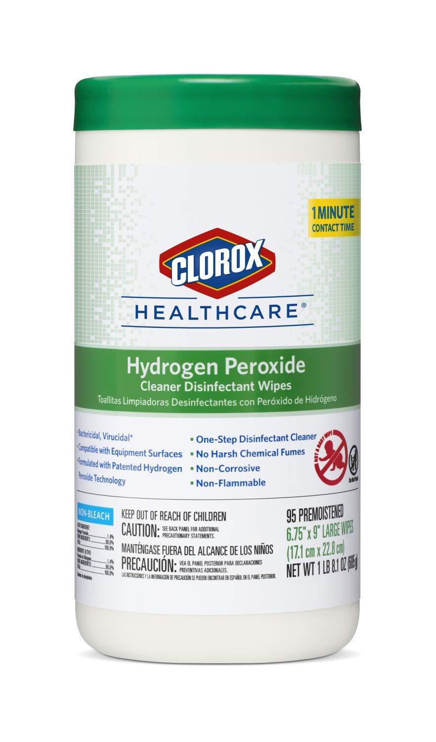 Clorox Healthcare Hydrogen Peroxide Wipes bottle-label close-up shows fragrance-free cleaning