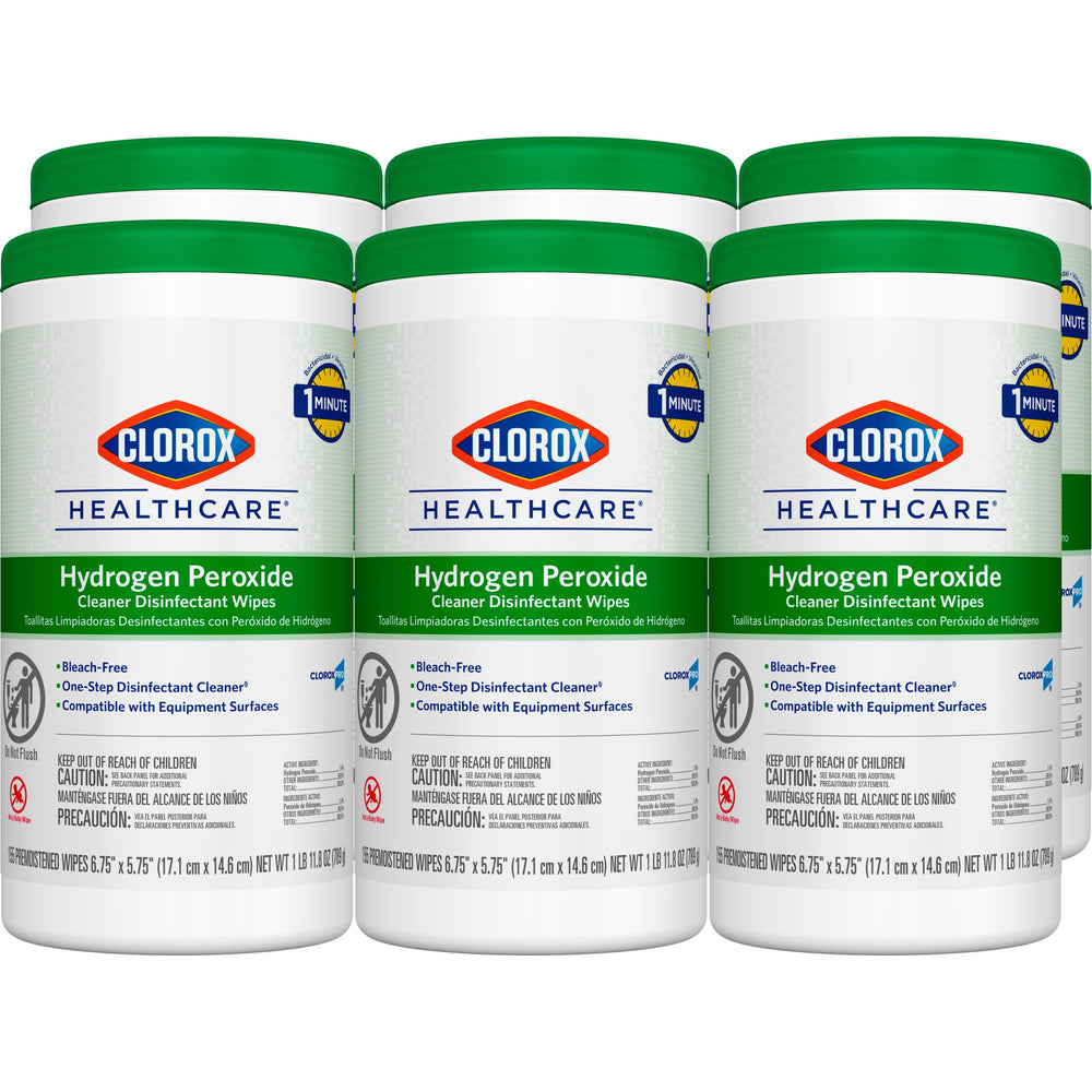 Clorox Healthcare hydrogen peroxide wipes in a six-pack box, ready-to-use surface disinfectant for clinical spaces.
