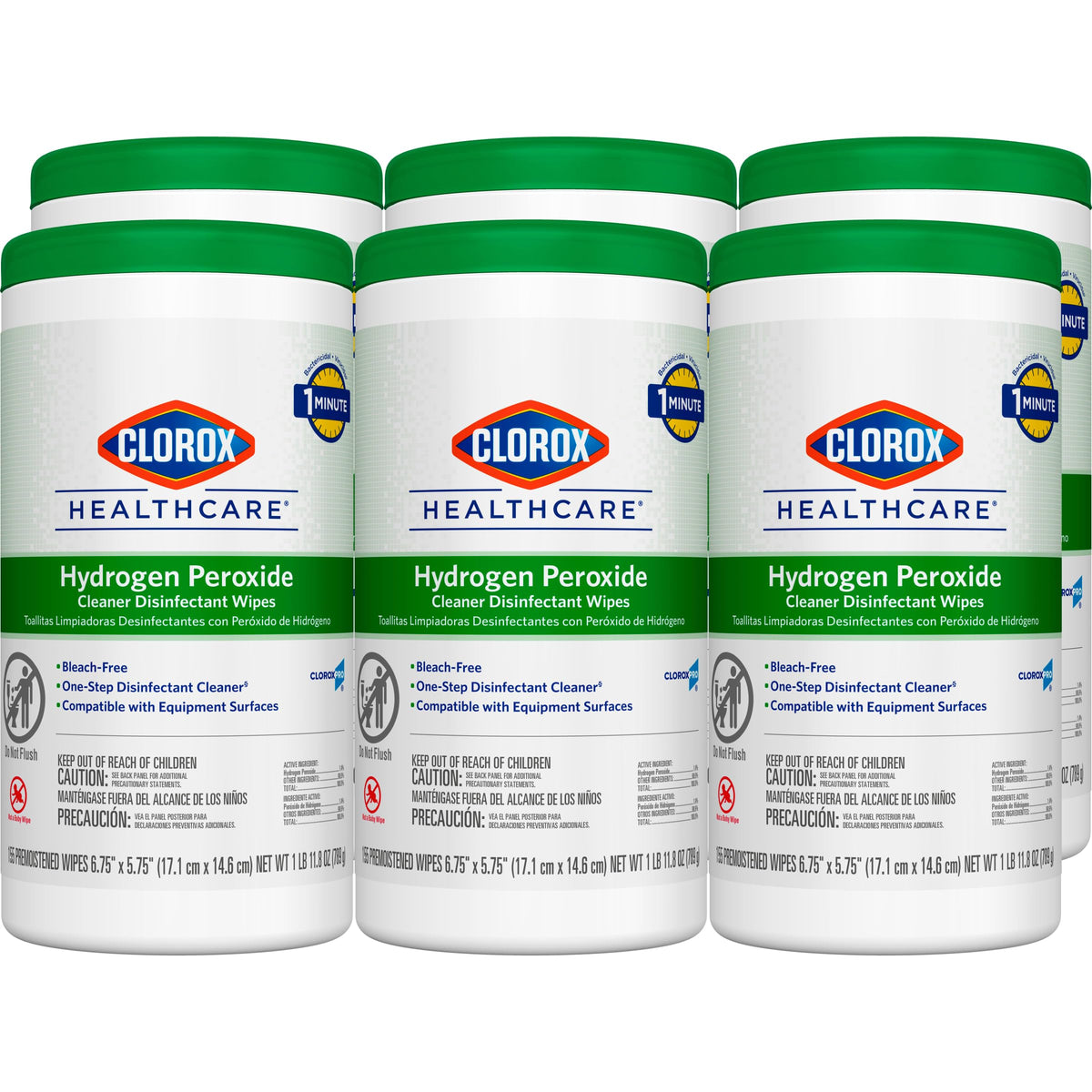 Clorox Healthcare hydrogen peroxide wipes in a six-pack box, ready-to-use surface disinfectant for clinical spaces.