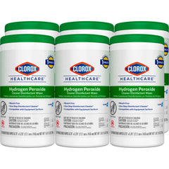 Clorox Healthcare hydrogen peroxide wipes in a six-pack box, ready-to-use surface disinfectant for clinical spaces.