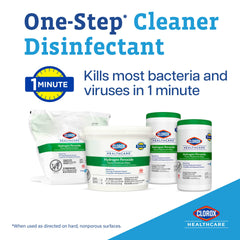 Clorox Healthcare wipes in hand, easy to wipe and disinfect high-touch surfaces.