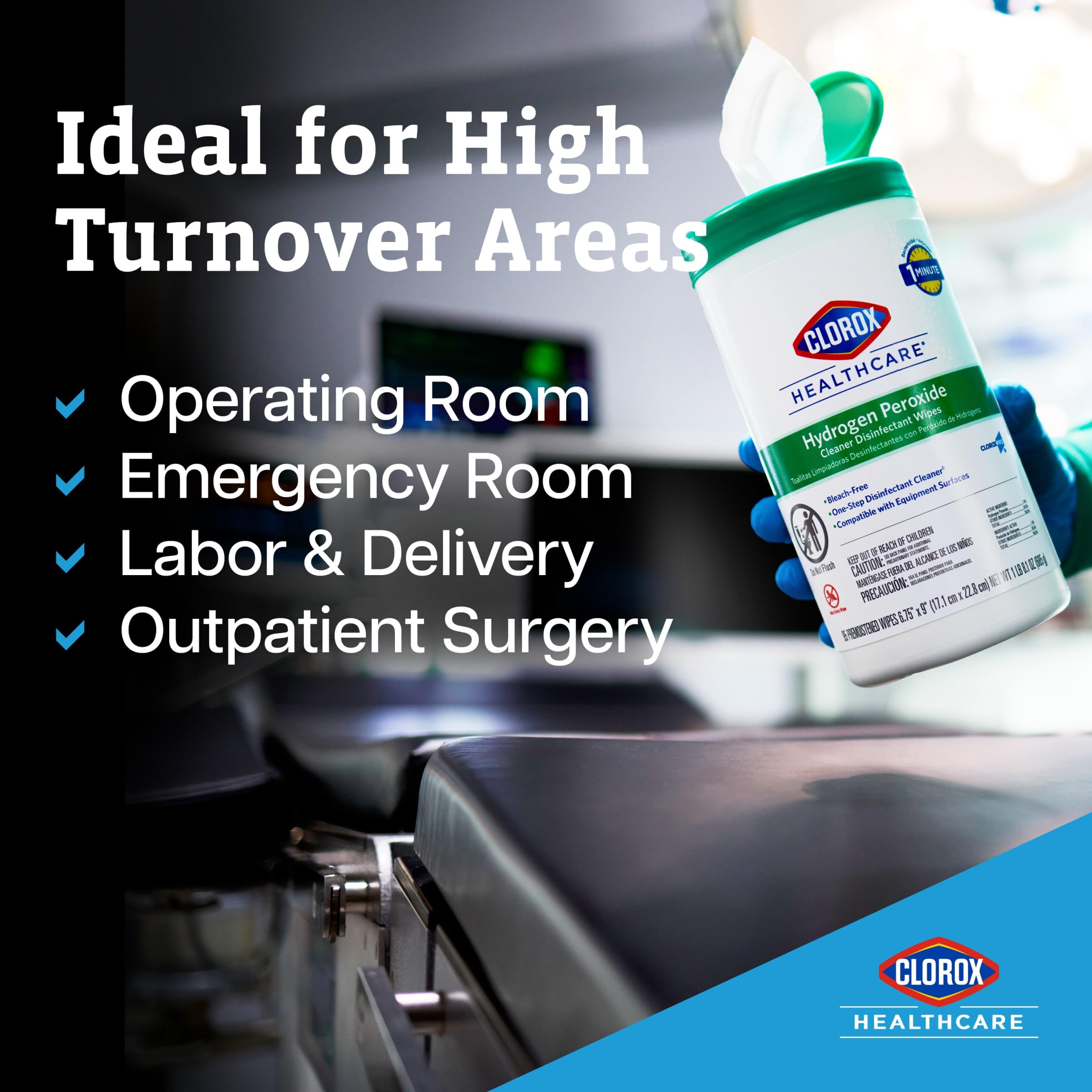 Clorox Healthcare wipes surface cleaning, ideal for stainless steel and glass surfaces.