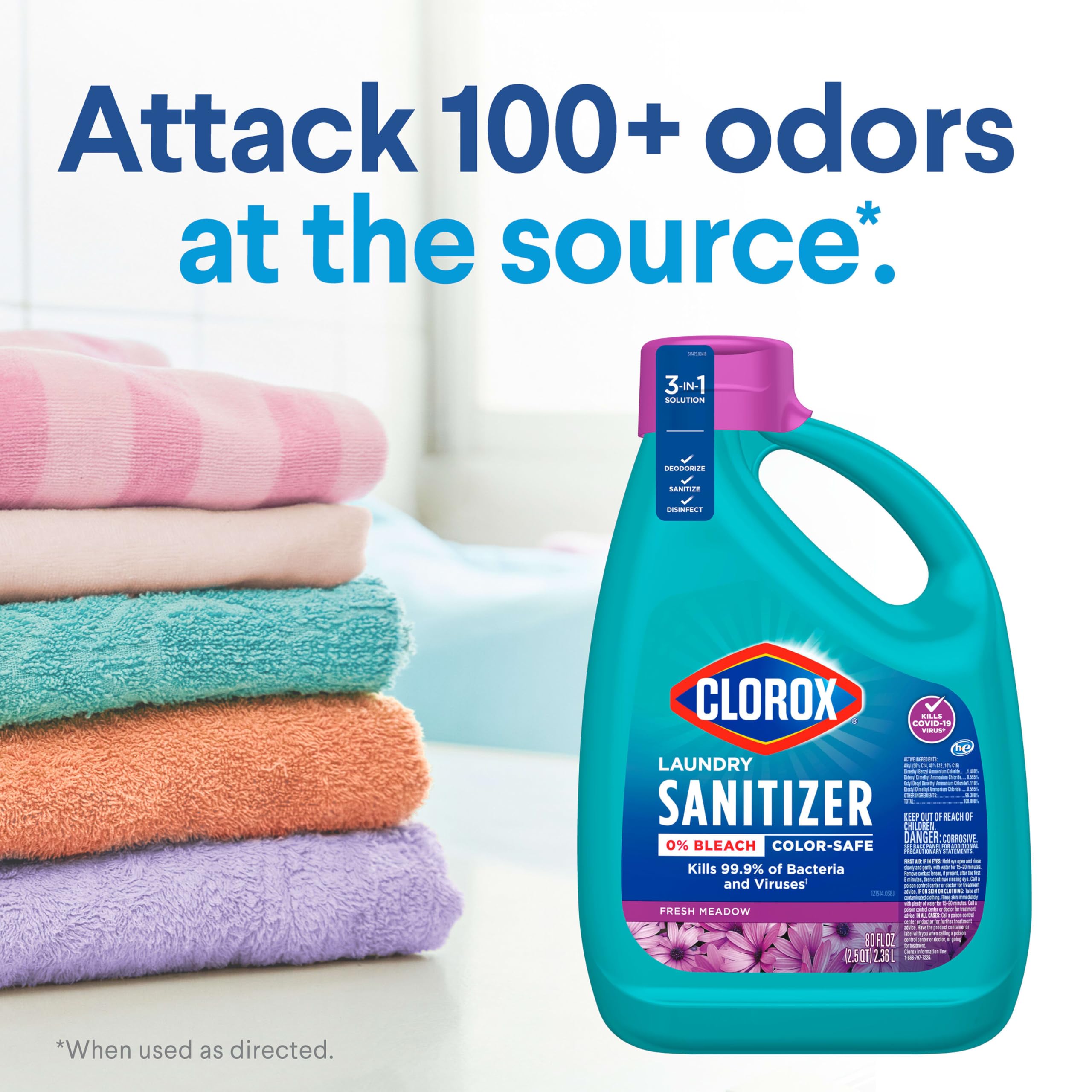 Clorox Laundry Sanitizer bottle back explains odor elimination and Clean Linen scent