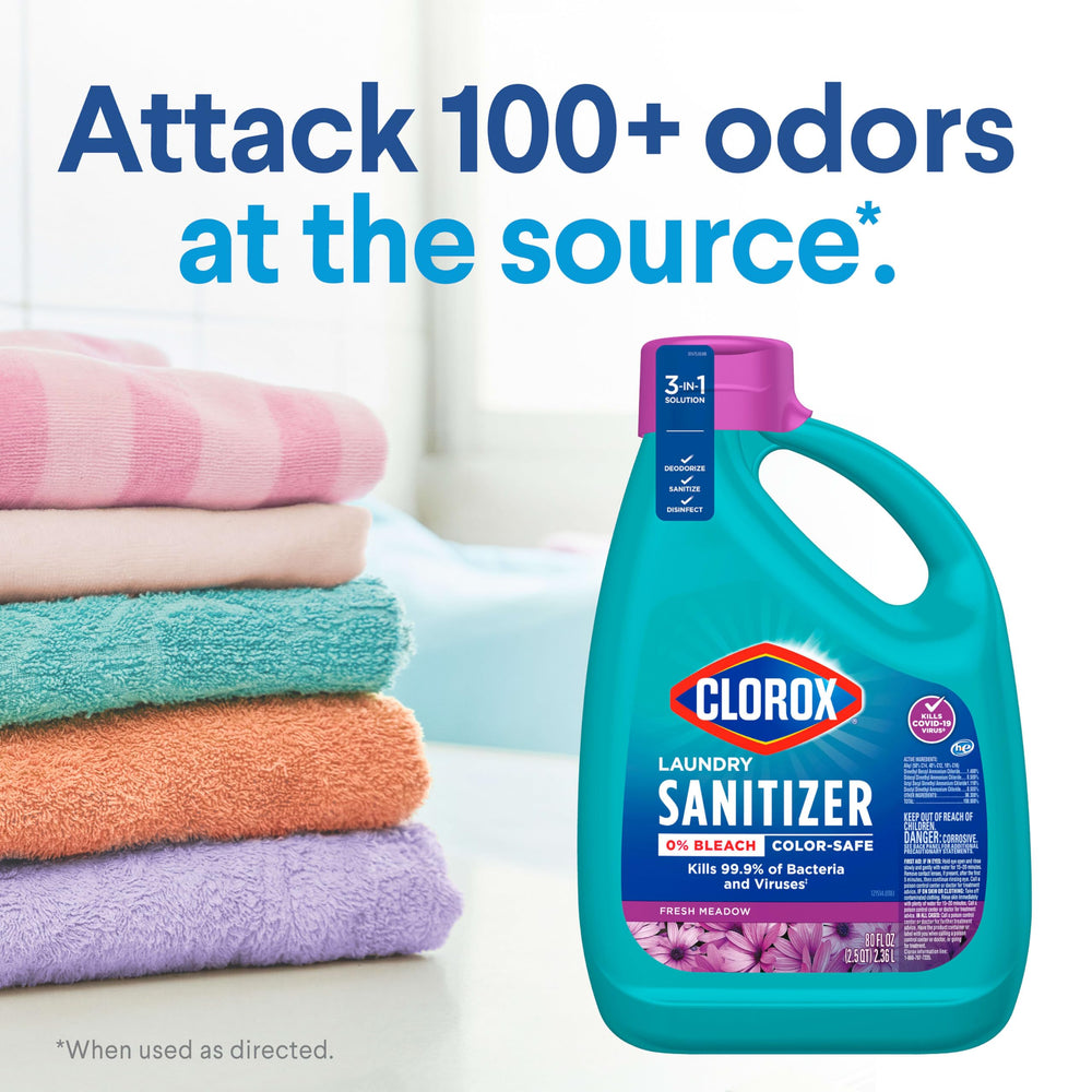 Clorox Laundry Sanitizer bottle back explains odor elimination and Clean Linen scent