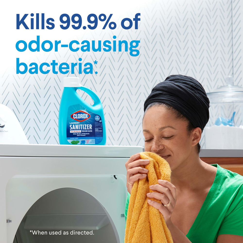 Clorox Laundry Sanitizer in washer container suggests safe usage with standard and HE machines