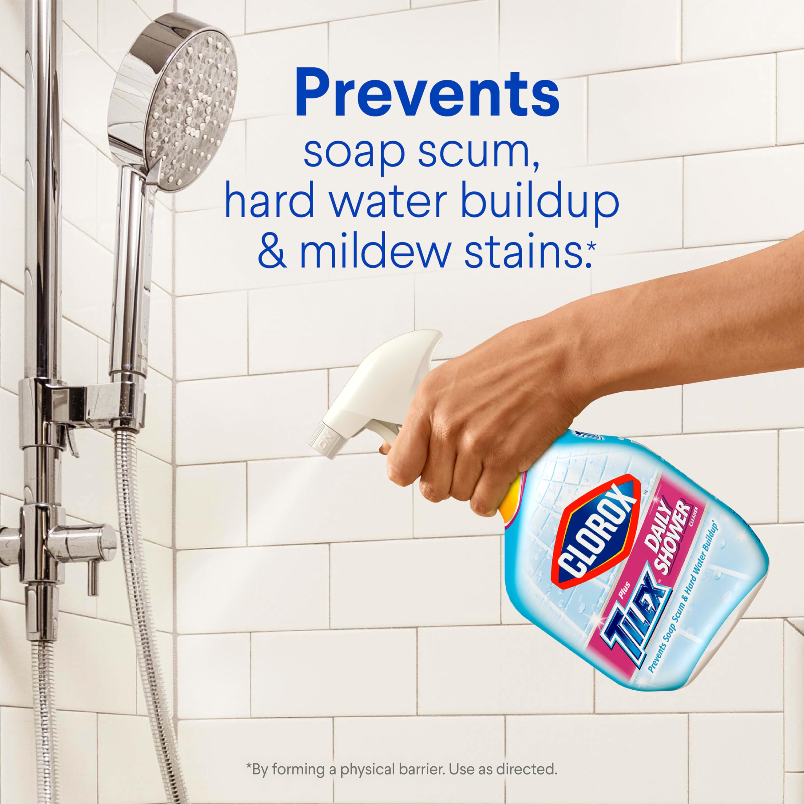 Close-up of Tilex label showing bleach-free formula for safe bathroom cleaning.
