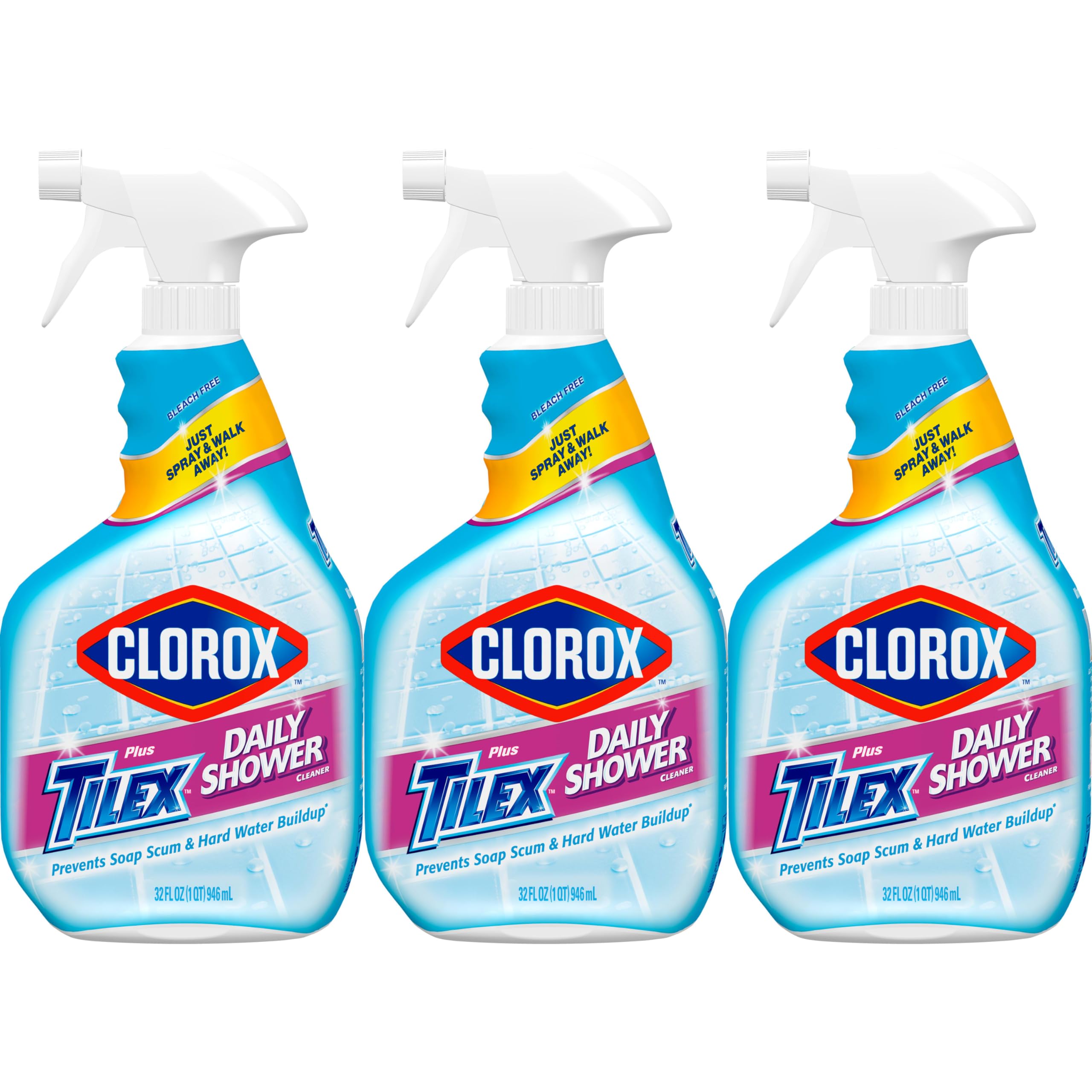 Pack of three Clorox Plus Tilex bottles emphasizes value and routine cleaning.